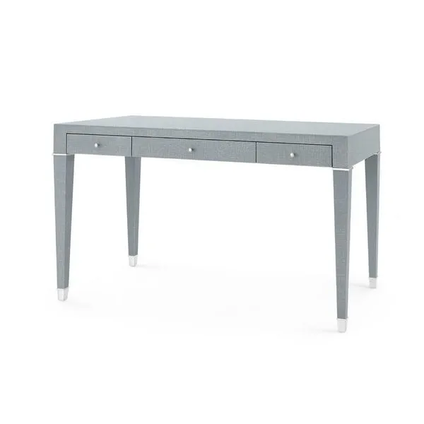 Claudette Desk with washed lacquered linen finish, modern structured form, three front drawers, tapered legs with white me...