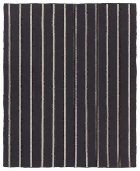 Handwoven rectangular navy and ivory indoor/outdoor rug with alternating thin and thick vertical stripes