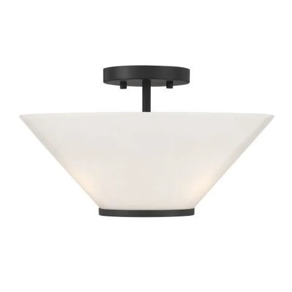 15-inch wide Blair 3-light pendant/semi-flush light with matte black metal and swirling strie glass shade