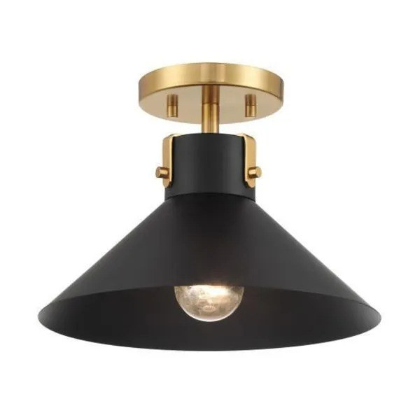 1-light semi-flush ceiling light with matte black conical metal shade and natural brass round canopy