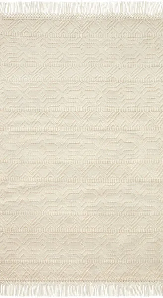 Ivory hand-woven rug with intricate geometric patterns and fringed edges, neutral textured cotton blend