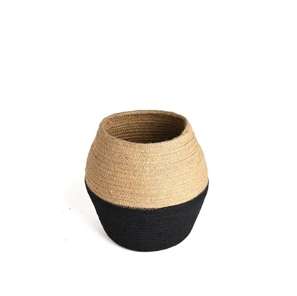 Black and natural bamboo flower vase with a rounded shape and color-blocked design