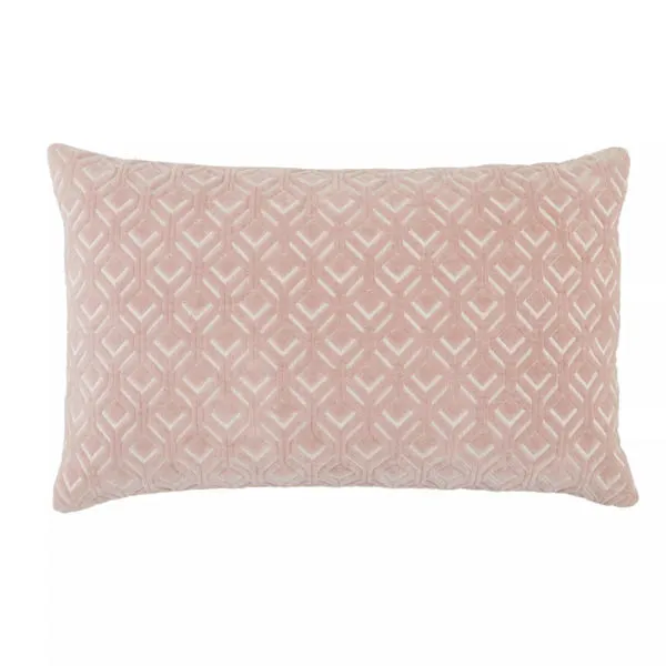 Soft blush lumbar pillow with embroidered diamond lattice pattern on cotton velvet front