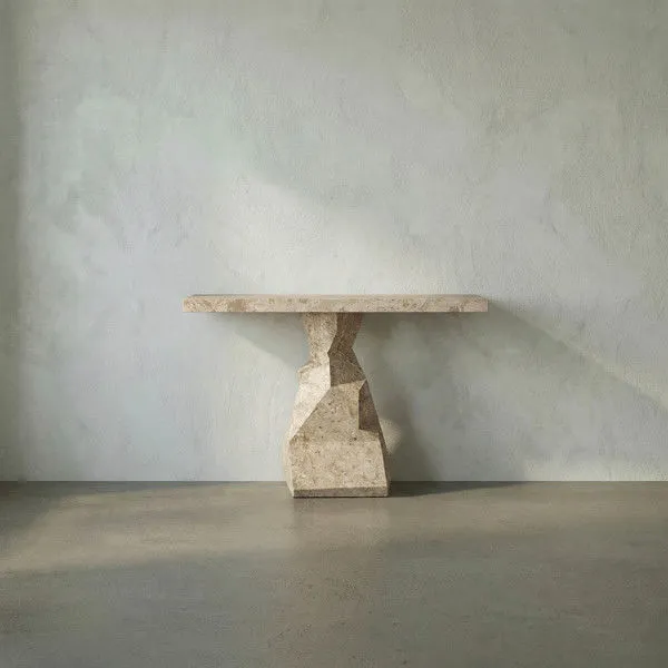 Tilden Console table with sculptural stone base and rectangular top in textured neutral stone finish