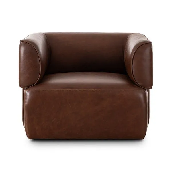 Pacey Swivel Chair with rounded arms, smooth mahogany top-grain leather upholstery, and 360-degree swivel base