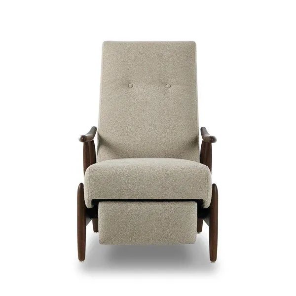 Jarvis Recliner with light heathered recycled olefin fabric and dark solid wood frame with curved paddle arms and two butt...