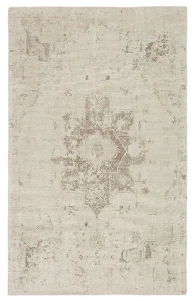 Handmade ivory and light gray rug with erased medallion motif and transitional style