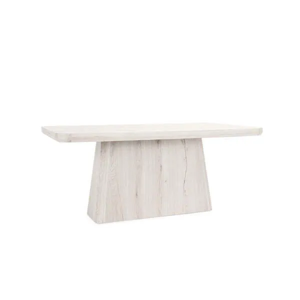 Orlando Dining Table in white oak finish with a minimalist rectangular top and pedestal base showing dynamic wood grain
