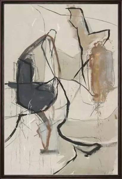 Traces II abstract painting with neutral tones and black and brown line accents in an espresso wood frame