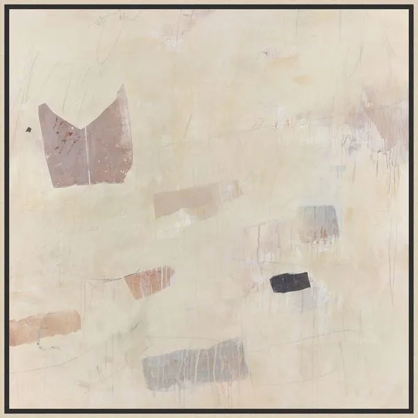 Abstract painting 'Trip to Morocco' with soft beige and earthy tones, textured patches, and subtle linear marks