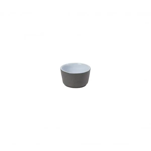 Small rounded butter dish with matte dark grey exterior and glossy white interior