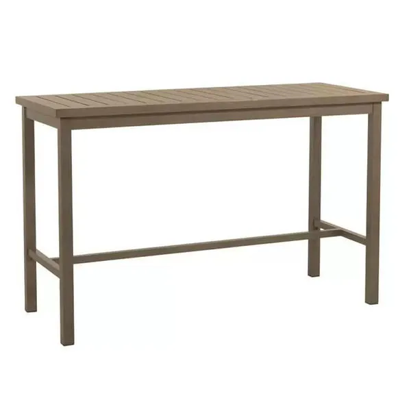 Club Aluminum Bar Table with rectangular slatted top and clean-lined aluminum frame in brown finish