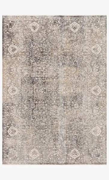Neutral vintage style rug with distressed traditional motifs in stone and ivory tones, subtle high-low texture