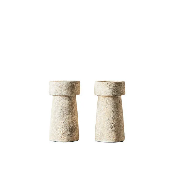 Pair of rustic sand-colored terracotta candle holders with textured surface, 3.9 by 6.24 inches
