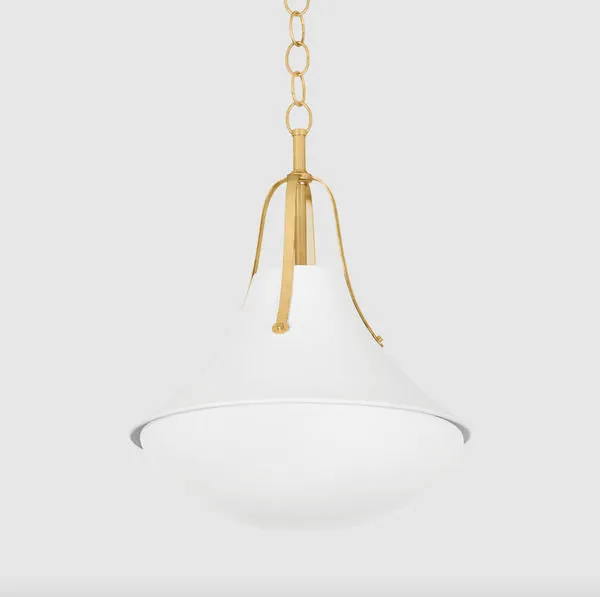 Coventry Pendant close-up focusing on brass chain and hardware against light grey background