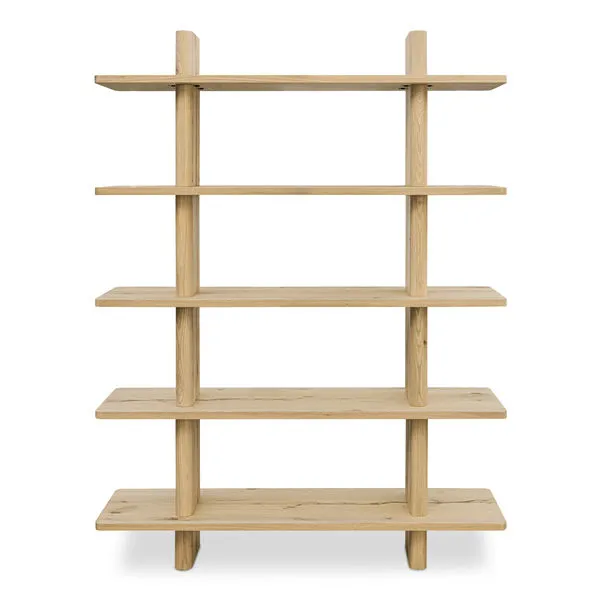 Casey bookcase with five rectangular shelves and vertical supports featuring bullnose edges in light wood finish