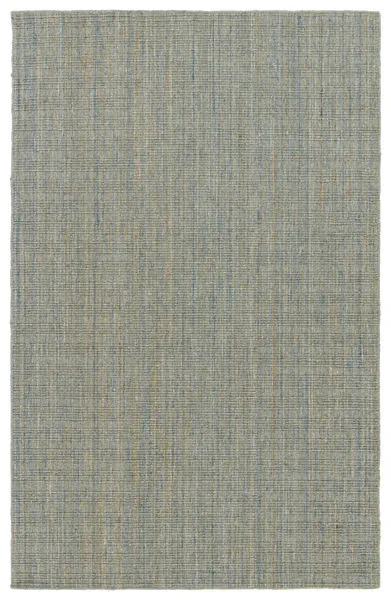 Handwoven modern area rug with heathered blue, gold, and cream stripes and ridged texture