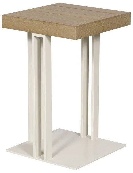 Montecito Outdoor Square Accent Table with natural wood top and white metal frame with clean architectural lines
