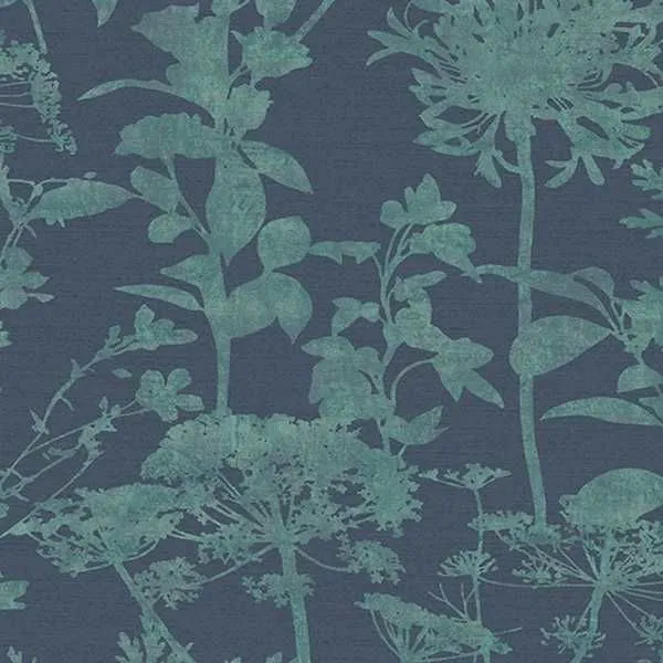 Navy wallpaper with teal giant umbellifers inspired by British wild meadows featuring disk-shaped umbels