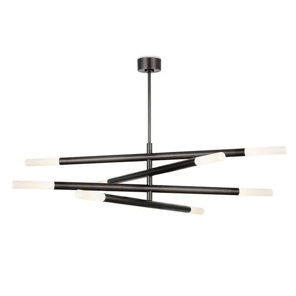 Modern linear chandelier with four black arms swiveling around a center, topped with frosted glass bulb covers