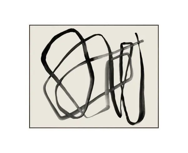 Black Circles I painting with bold black abstract lines on a white background in a square layout