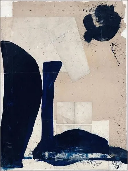 Abstract painting with bold blue strokes on beige background featuring layered shapes and textured brushwork