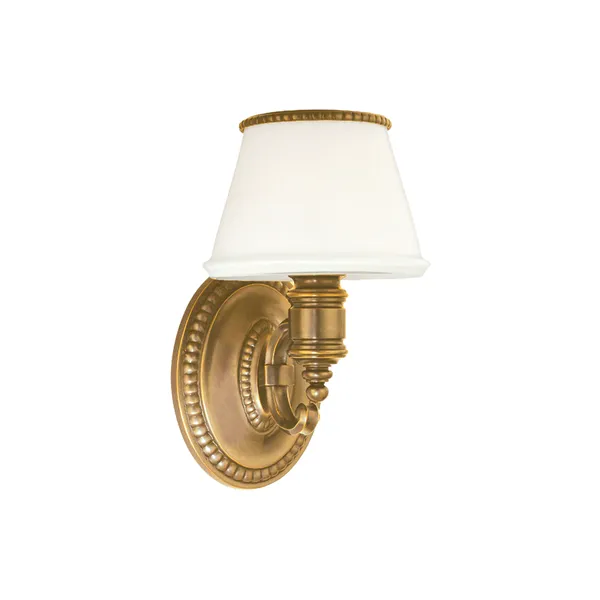 Richmond 1 Light Bath Bracket with antique brass metal finish, white tapered shade, and dentil cornice trim on backplate