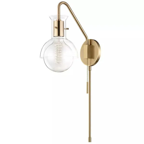 Riley 1 Light Wall Sconce with gold steel arm and clear glass shade showing filament bulb, includes pull chain and plug