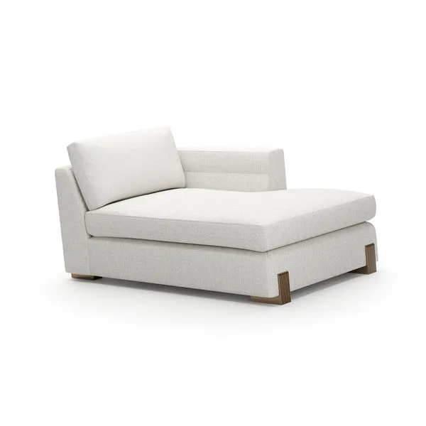 Counter Balance Chaise with low profile, cream fabric upholstery, plush cushions, and oak block feet