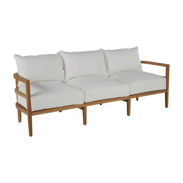 Santa Barbara Natural N-dura Sofa with wooden frame and white cushions, three-seat outdoor sofa with armrests