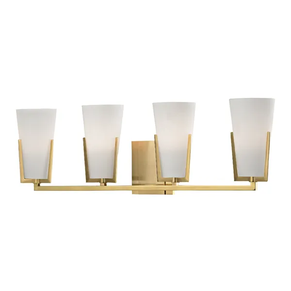 Upton 4 Light Bath Bracket with frosted conical glass shades and faceted brass arms on stepped backplate