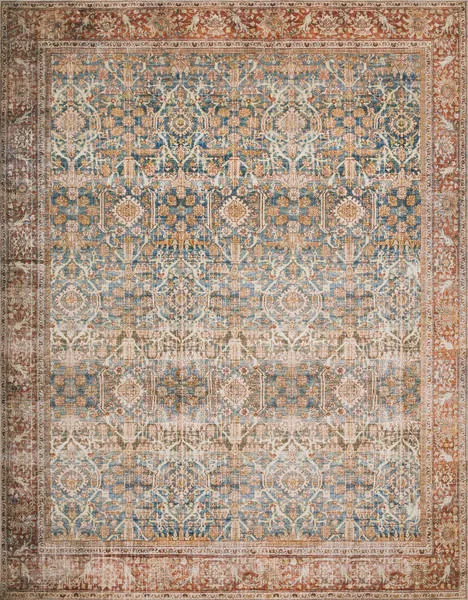 Layla Ocean Rust Rug in 5x7 size with traditional floral and geometric pattern in rustic blue, rust, and tan tones