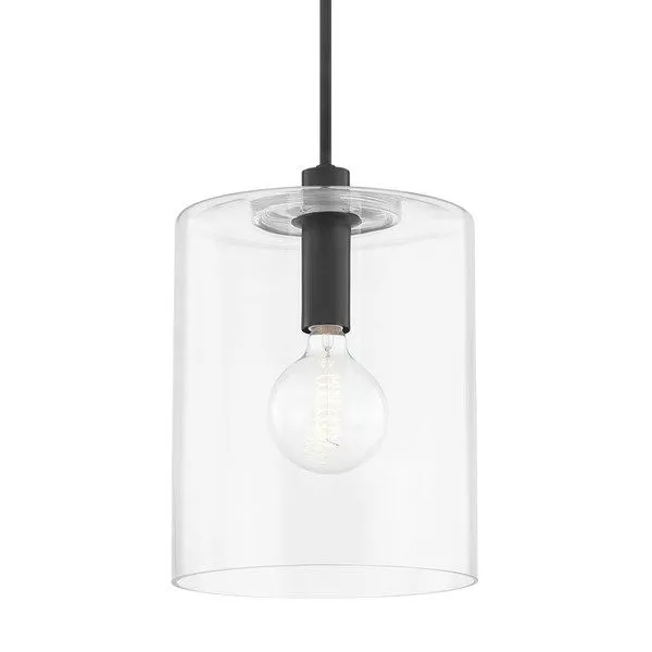Neko 1 Light Large Pendant with clear cylindrical glass shade and black steel fixture holding exposed bulb