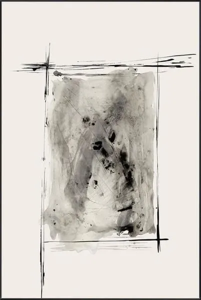 Abstract painting with bold black strokes framing a textured, grey-toned center on a light background