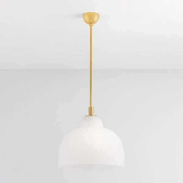 Oberon Pendant hanging from ceiling in styled room with white wall and ceiling