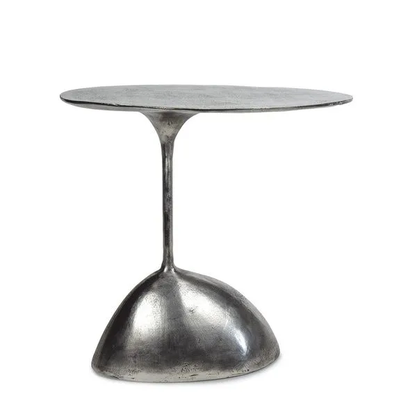 Rizzo Accent Table with oval metal top on a slim offset arm and a rounded organically shaped metal base in silver finish