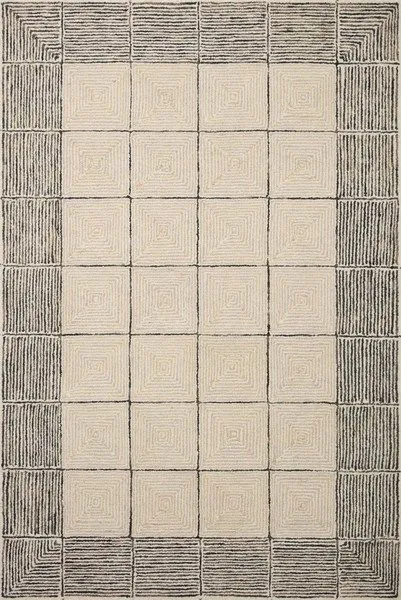 Francis Cream / Black Rug featuring a grid and diamond pattern with contrasting border in cream and black wool