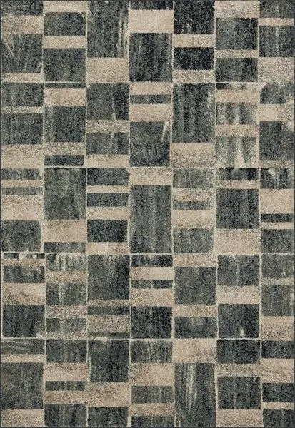 Modern Bowery Storm / Sand rug with a contemporary geometric block pattern in muted sand and dark gray tones