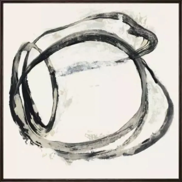 Abstract black and white painting with bold, sweeping brushstrokes forming an irregular circular loop