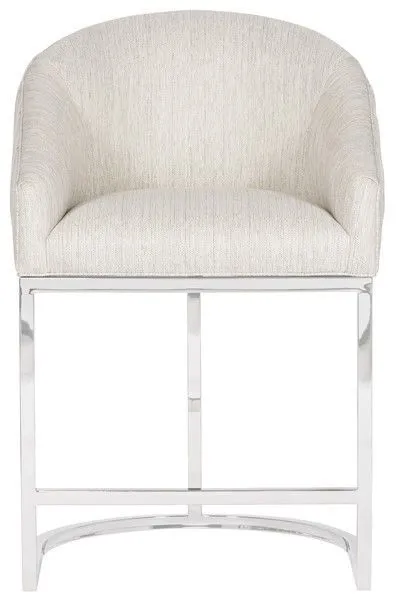 Contemporary bar stool with a curved barrel seat upholstered in light textured fabric and polished nickel metal base.