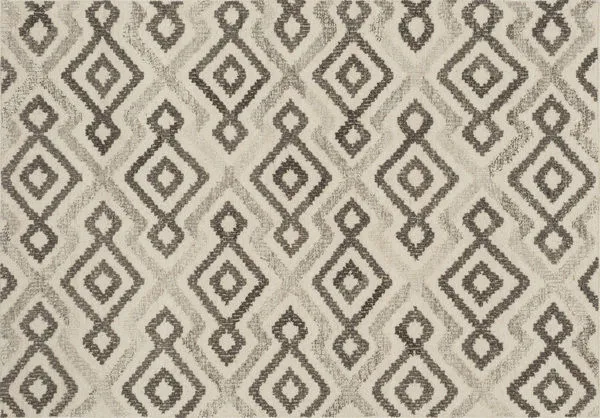 Ivory and grey geometric hand-woven rug with textured wool, cotton, and polyester fibers