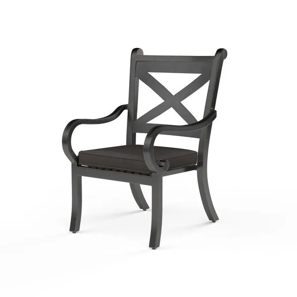 Monterey Motion Dining Chair in dark espresso aluminum with curved armrests and X-back design with seat cushion