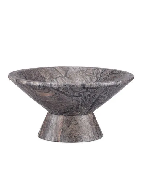 Large Lubo Breccia footed bowl made of swirling gray and black Breccia marble with conical base