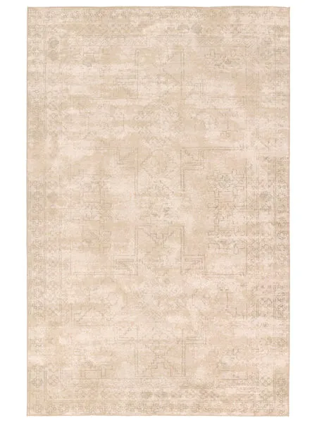 Tan and cream vintage style rug with dual center medallion and geometric distressed pattern on jute polyester base