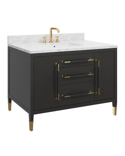 48-inch black lacquered linen bathroom vanity with rectangular undermount sink and gold hardware