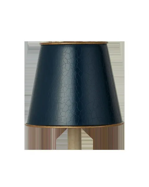 Navy tapered metal chandelier shade with gold rim and subtle crackle finish, fitted with a candle clip