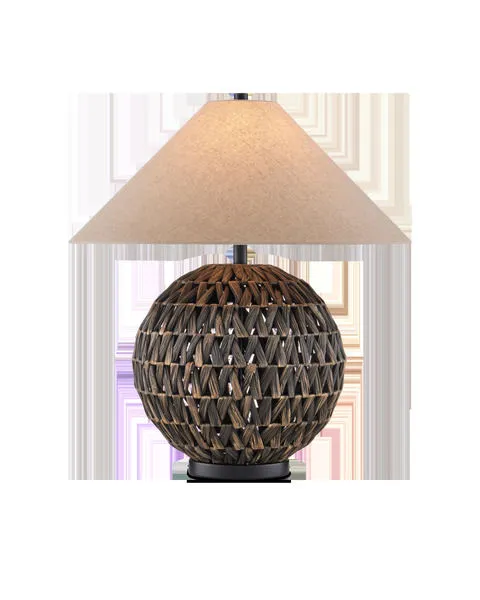 Casimer Black Table Lamp with spherical water hyacinth orb base wrapped in black-washed fibers and beige conical shade