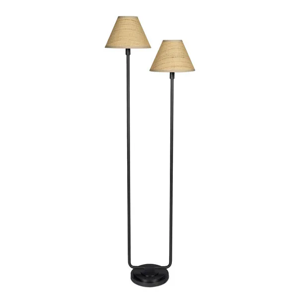 Polly Blackened Brass Floor Lamp with two woven rattan shades and asymmetrical blackened brass base