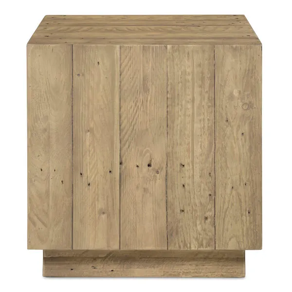 Jasper accent table made of reclaimed pine with visible knots, nail holes, and a pedestal base in a natural wood finish.