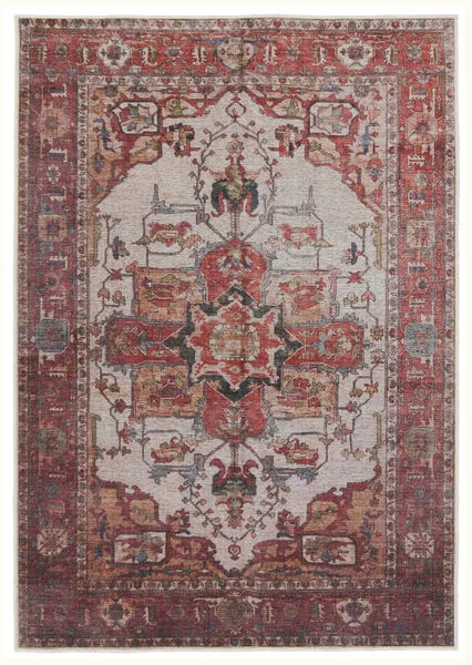 Vintage style rug with distressed rust and beige medallion pattern and floral detailing in multiple rich tones